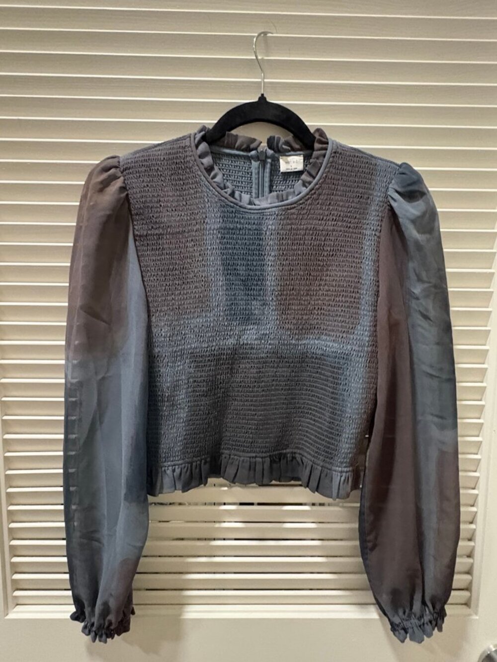 Wilfred Aritzia Blue Gray Smocked Sheer Sleeve Blouse S